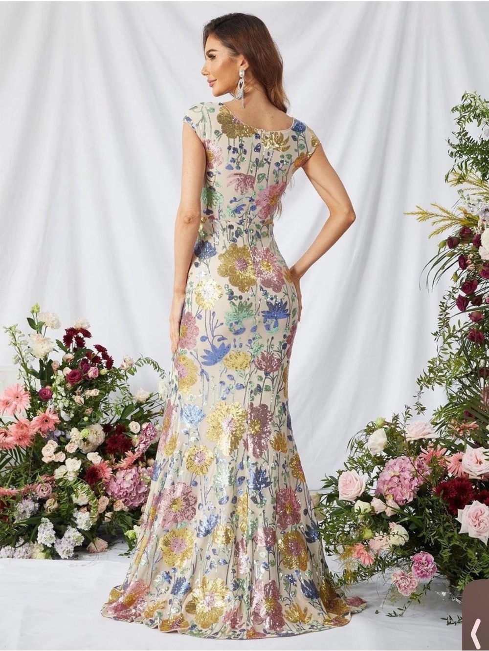 Floral Sequin Evening Gown - Cream with Multicolor Floral